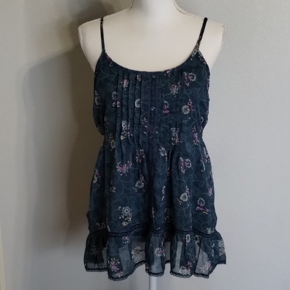 Decree women's size large green pleated tank floral adj strap with lace Y2K